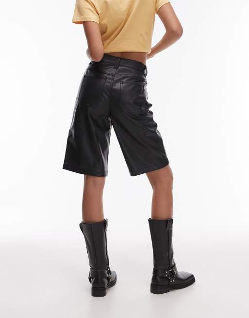 Topshop faux leather awkward length short in black, 4 of 5