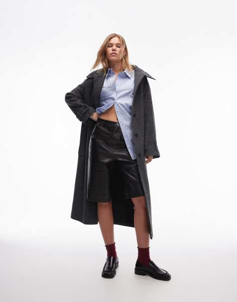 Topshop faux leather awkward length shorts in washed brown - view 1