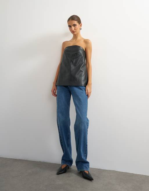 Topshop faux leather bandeau top in black, 3 of 4