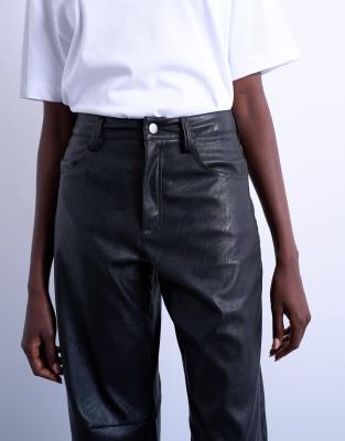 Topshop Faux Leather Barrel Leg Pants In Black
