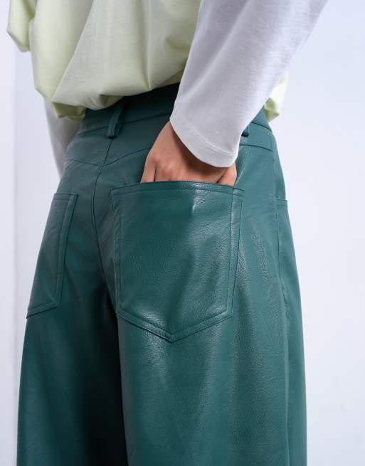 Topshop faux leather barrel leg pants in teal
