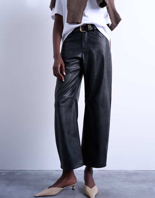 Topshop faux leather barrel leg trouser in black, 4 of 5