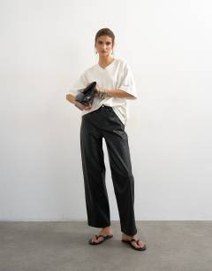 Faux leather barrel leg trouser in black