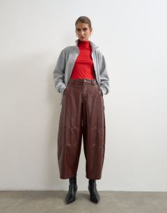 Faux leather barrel trousers in brown