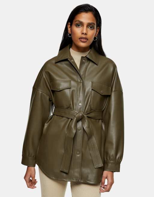 Topshop faux leather belted jacket in khaki