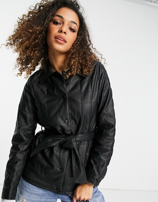 Topshop faux leather belted quilt shacket in black