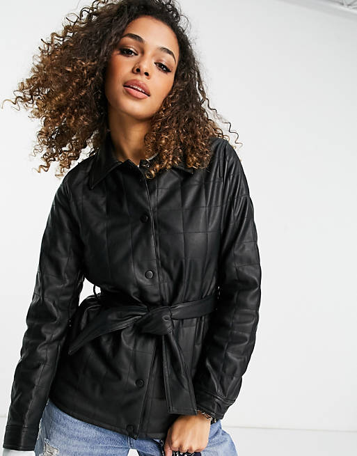 Topshop faux leather belted quilt shacket in black | ASOS