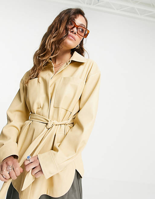 Topshop faux leather belted shirt jacket in yellow