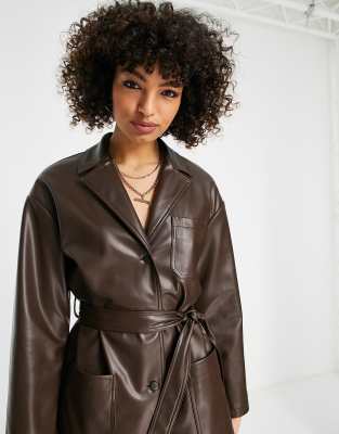 Faux Leather Belted Shirt Jacket With Revere Collar In