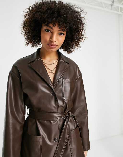 Topshop faux leather belted shirt jacket with revere collar in chocolate