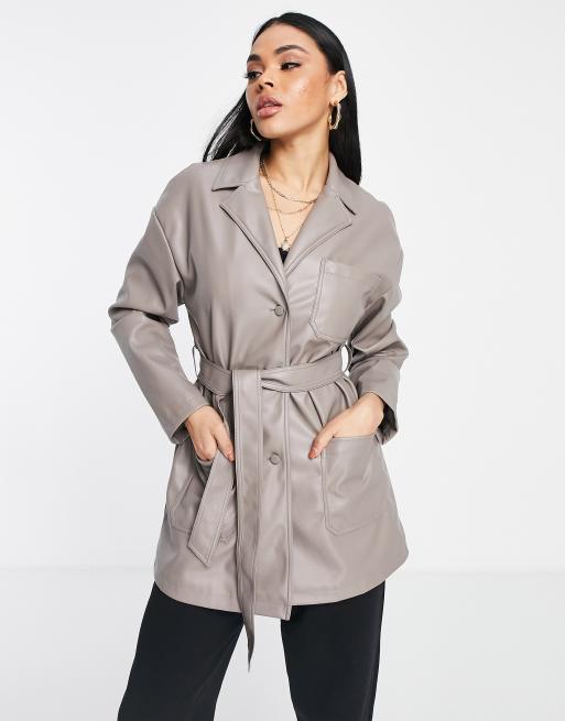 Topshop faux leather belted shirt jacket with revere collar in grey | ASOS