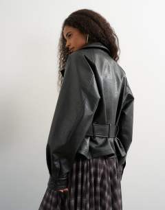 Model wearing Faux leather biker in black