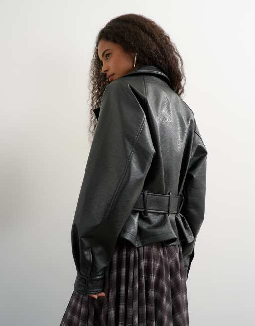 Topshop faux leather biker in black, 2 of 4