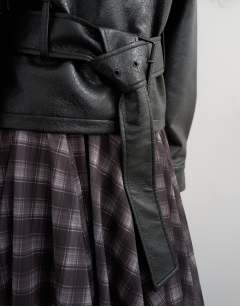 Model wearing Faux leather biker in black
