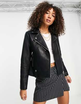 TOPSHOP Faux Leather Stripe Bomber Jacket in Black