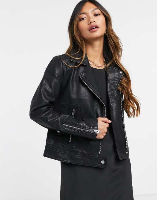 Topshop Tall faux leather moto jacket in black - ShopStyle