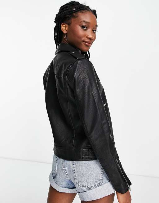 Topshop faux leather biker jacket in black