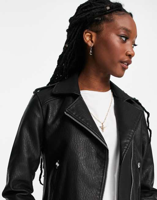 Topshop faux leather biker jacket in black, ASOS