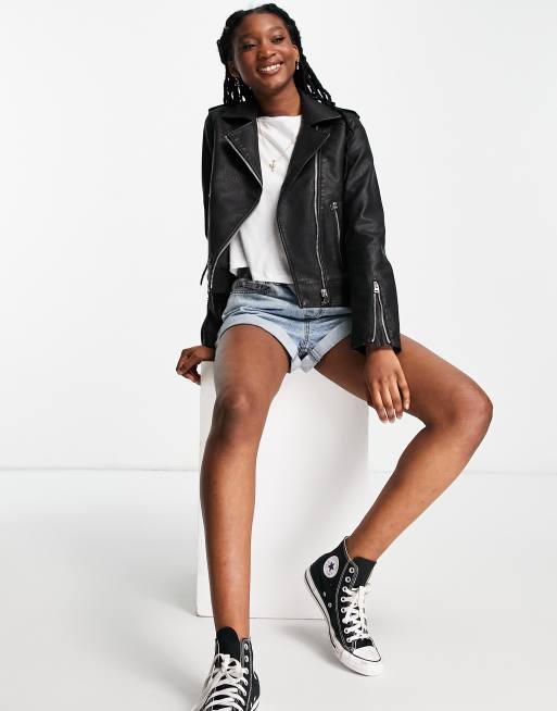 Topshop faux leather biker jacket in black, ASOS