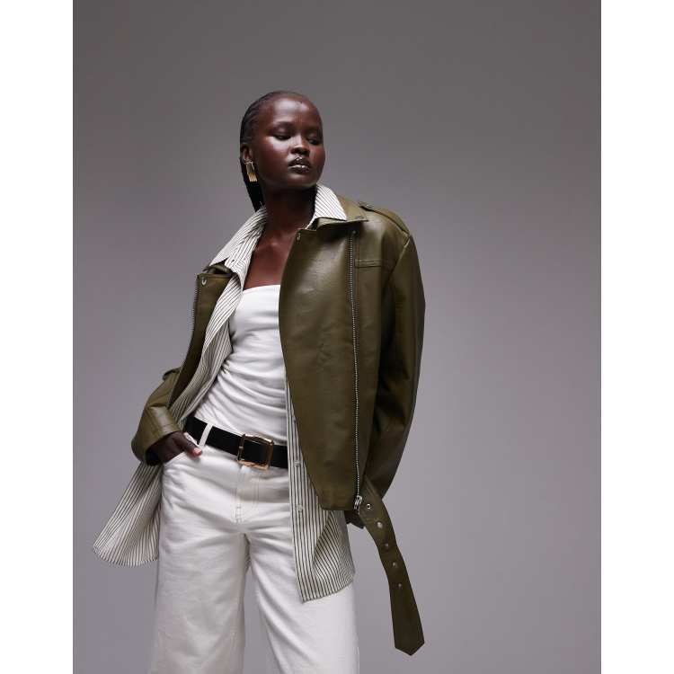 Topshop faux leather biker jacket in green | ASOS