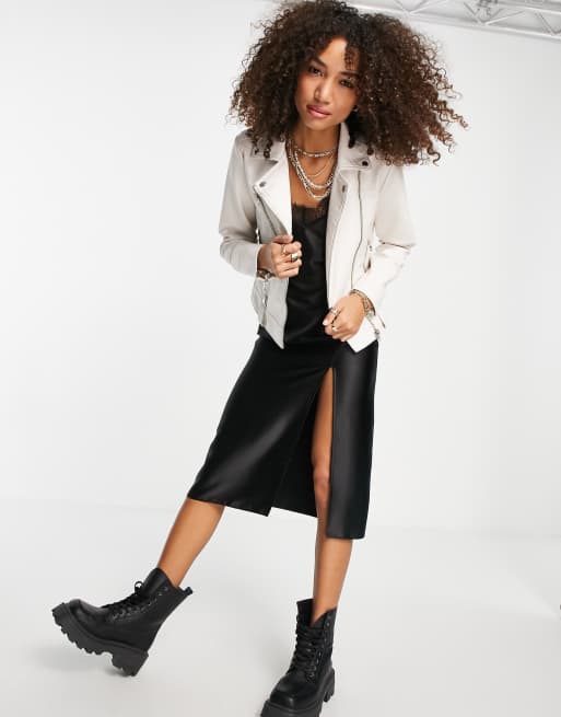 Juice Hysterisk morsom Omvendt Topshop faux leather biker jacket in off white | ASOS