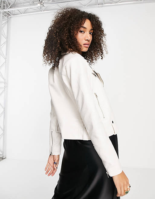 Topshop faux leather biker jacket in off white