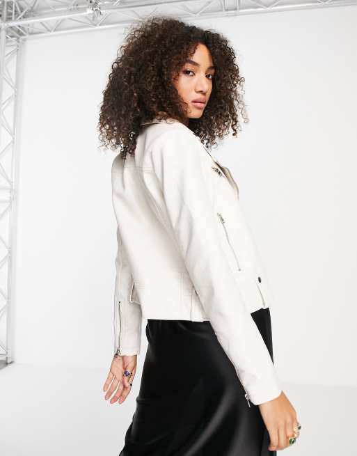 Topshop faux leather biker jacket in off-white