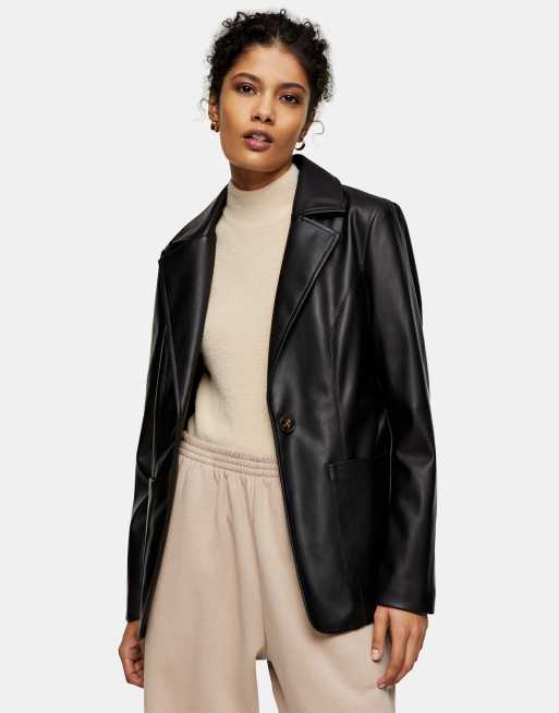 TOPSHOP Faux Leather Blazer in Black