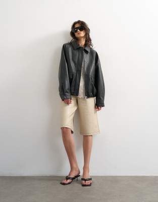 Topshop Faux Leather Bomber Jacket In Black