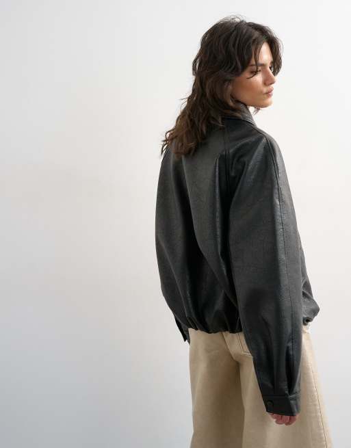 Topshop faux leather bomber jacket in black, 4 of 4
