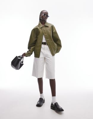 Topshop Faux Leather Bomber Jacket In Khaki-green