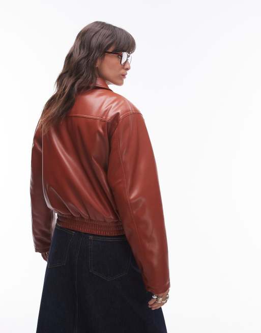 Topshop faux leather bomber jacket in rust, 2 of 4