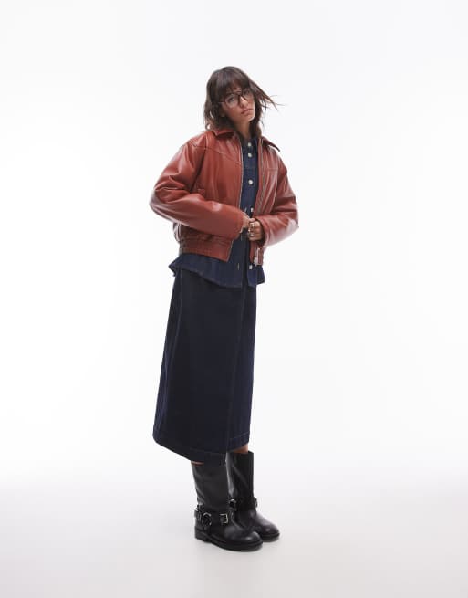 Topshop faux leather bomber jacket in rust, 3 of 4
