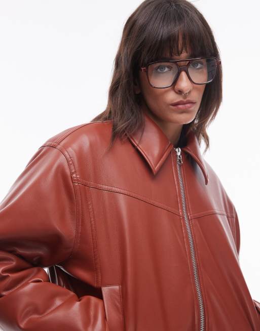 Topshop faux leather bomber jacket in rust ASOS