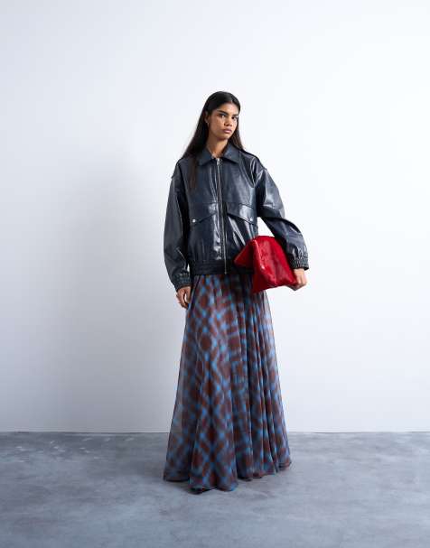 Topshop faux leather bomber jacket in washed blue - view 1