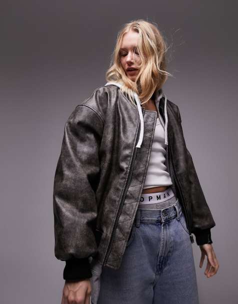 Topshop faux leather bomber jacket in washed brown - view 1