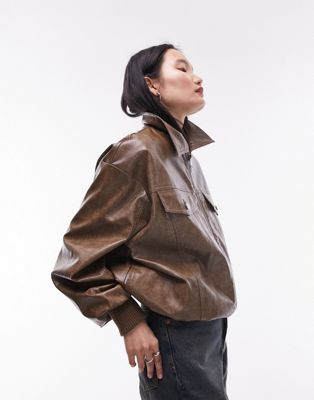 Topshop Faux Leather Bomber Jacket In Washed Brown