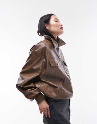 Topshop faux leather bomber jacket in washed brown