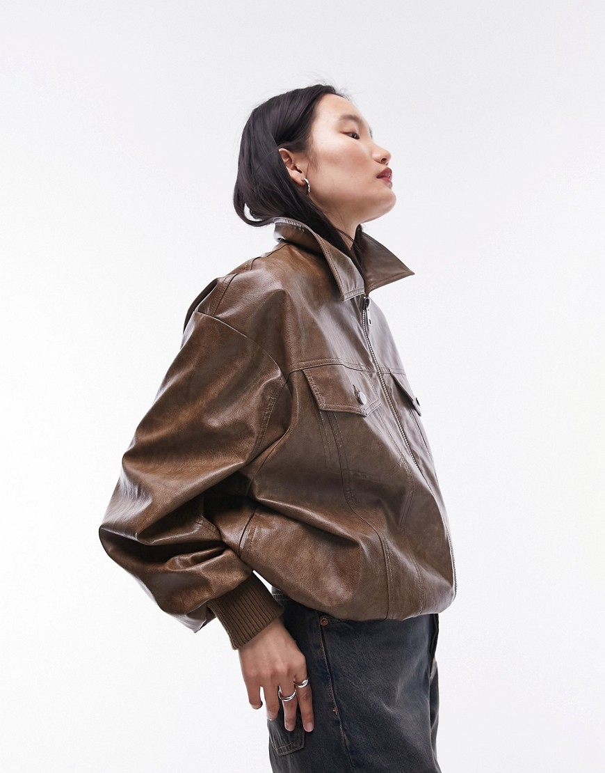 Topshop faux leather bomber jacket in washed brown
