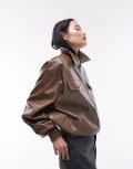 [Topshop] Topshop faux leather bomber jacket in washed brown S BROWN