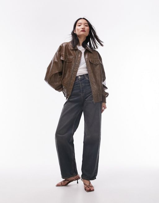 Topshop faux leather oversized washed bomber jacket in brown - ShopStyle