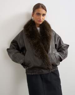 Faux leather bomber jacket with faux fur trim in brown