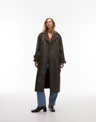 Topshop faux leather bonded borg trench coat in chocolate