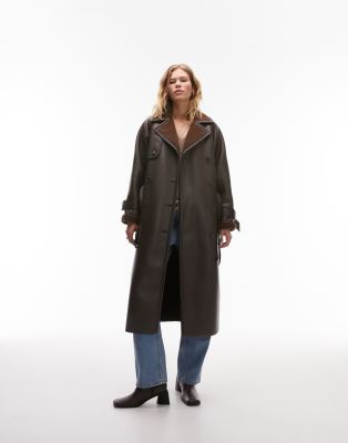 Topshop faux leather bonded borg trench coat in chocolate