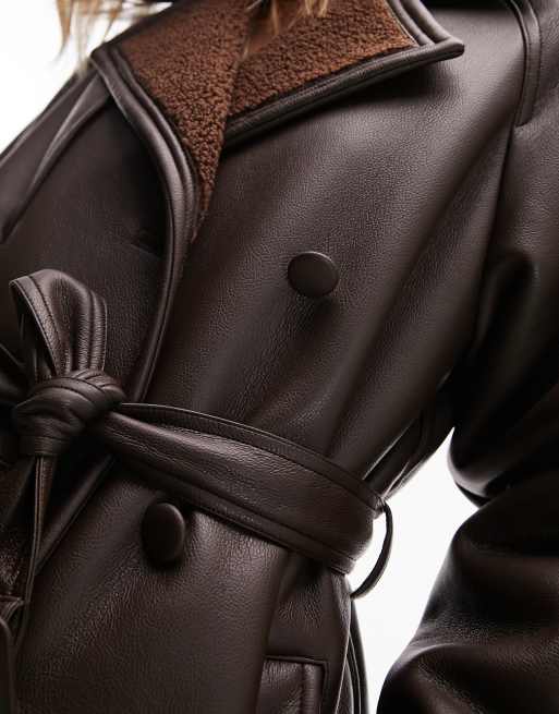 Topshop faux leather bonded borg trench coat in chocolate, 2 of 4