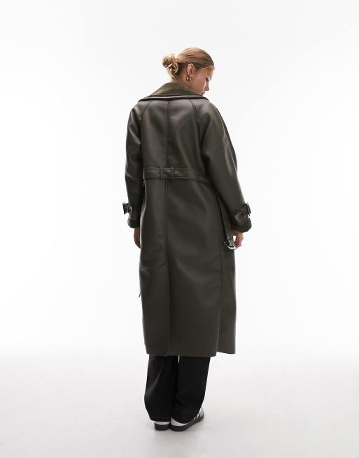 Topshop faux leather bonded borg trench coat in olive