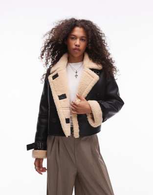 faux leather borg shearling cropped aviator jacket in black