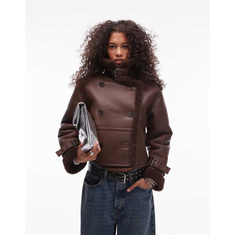 Topshop faux leather borg shearling cropped aviator jacket in choc