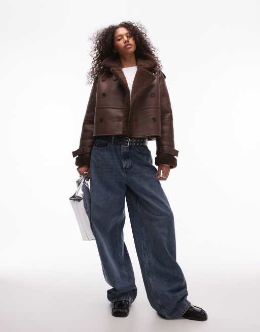 Topshop faux leather borg shearling cropped aviator jacket in choc