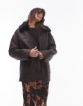 [Topshop] Topshop faux leather borg shearling midi aviator jacket in brown M brown